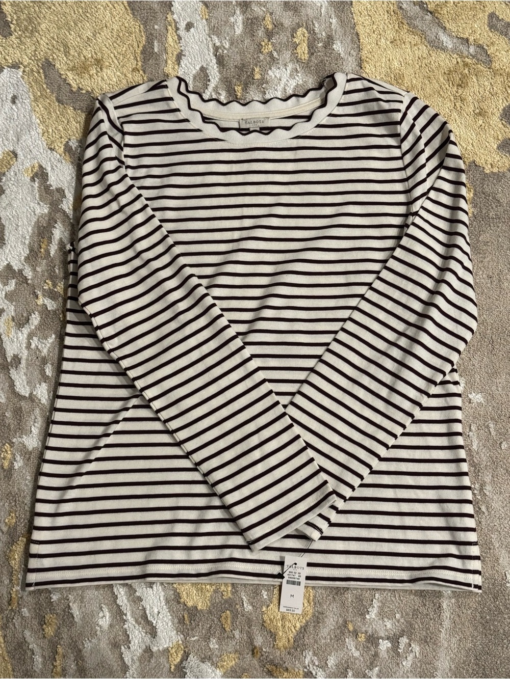 Brand New Talbots Women's Black & White Striped Long-Sleeve Top w/ Scallop Neck